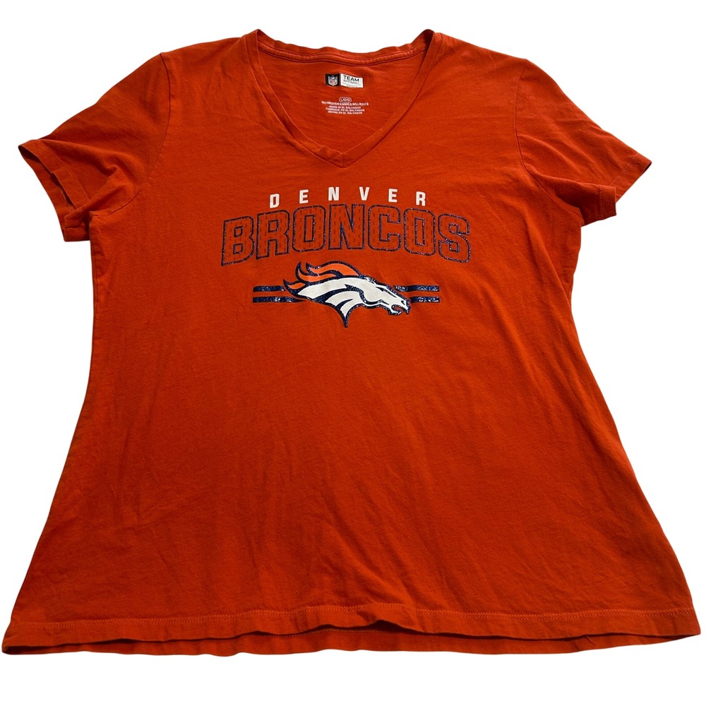 NFL Team Apparel Denver Broncos Orange V-Neck T-Shirt Womens Large Glitter